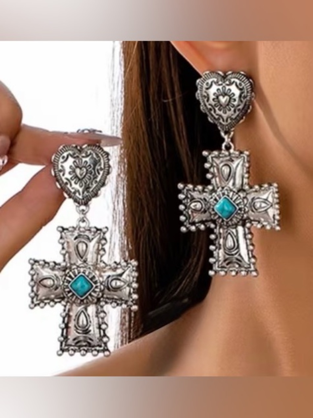 Western Silver Heart-Top Cross Drop Earrings with Turquoise Accent Cowgirl